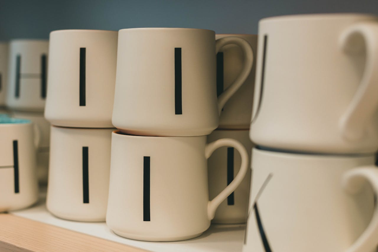 Close-up of stacked white alphabet mugs on display, perfect for modern kitchen decor.